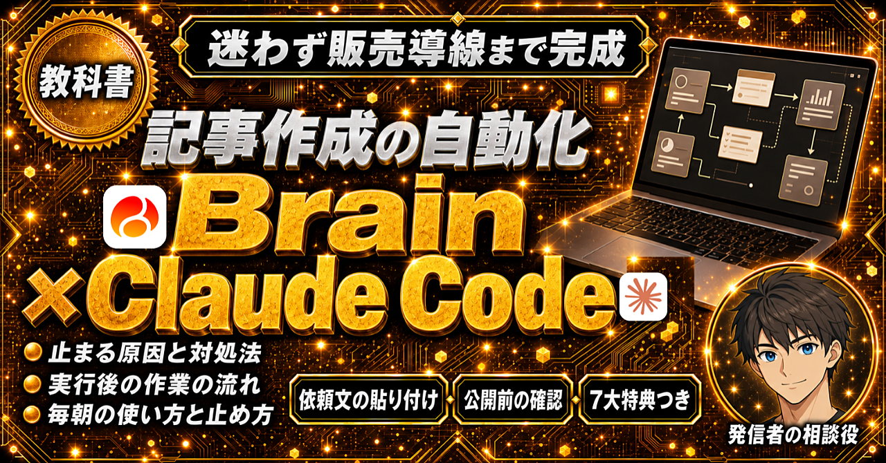 Brainで記事を書いて販売まで行いたい発信者のための【Claude Code×Brain自動化の教科書】 | 記事作成から販売導線までを全自動で回す完全ロードマップのアイキャッチ画像