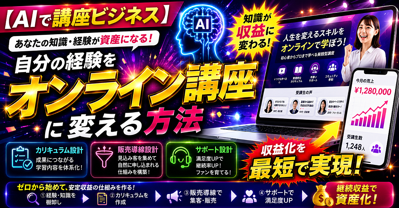 【AIで講座ビジネス】自分の経験をオンライン講座に変える方法|カリキュラム・販売導線・サポート設計のアイキャッチ画像
