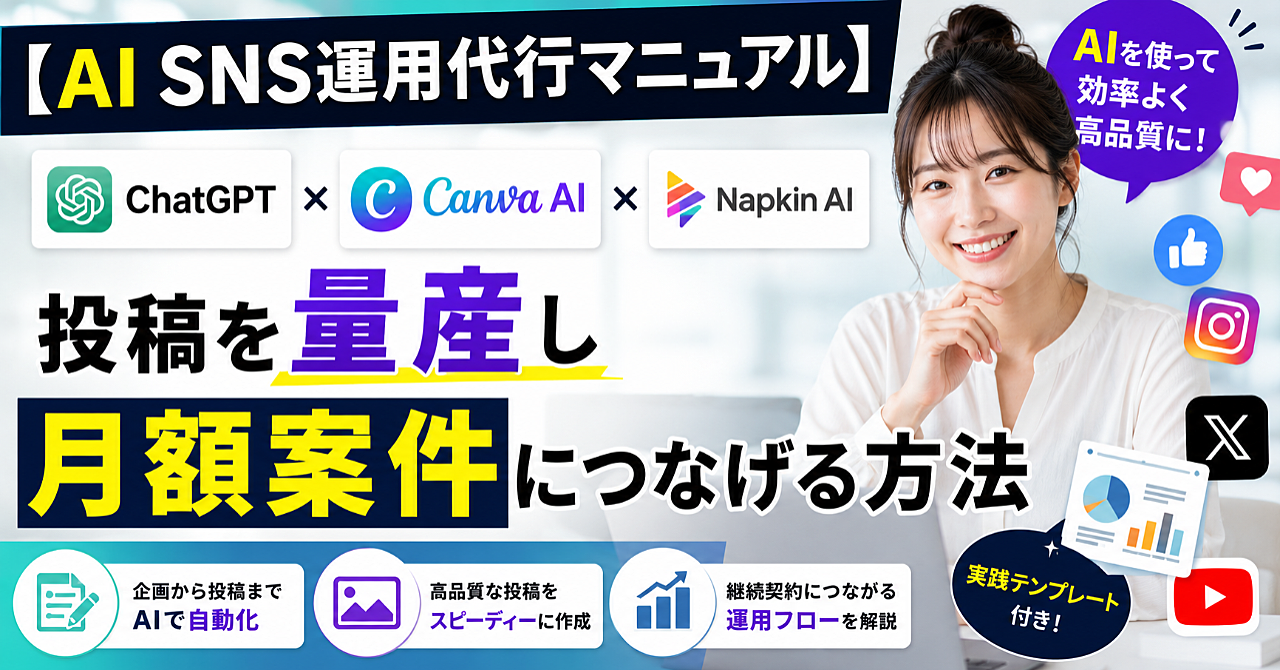 【AI SNS運用代行マニュアル】ChatGPT・Canva AI・Napkin AIで投稿を量産し月額案件につなげる方法