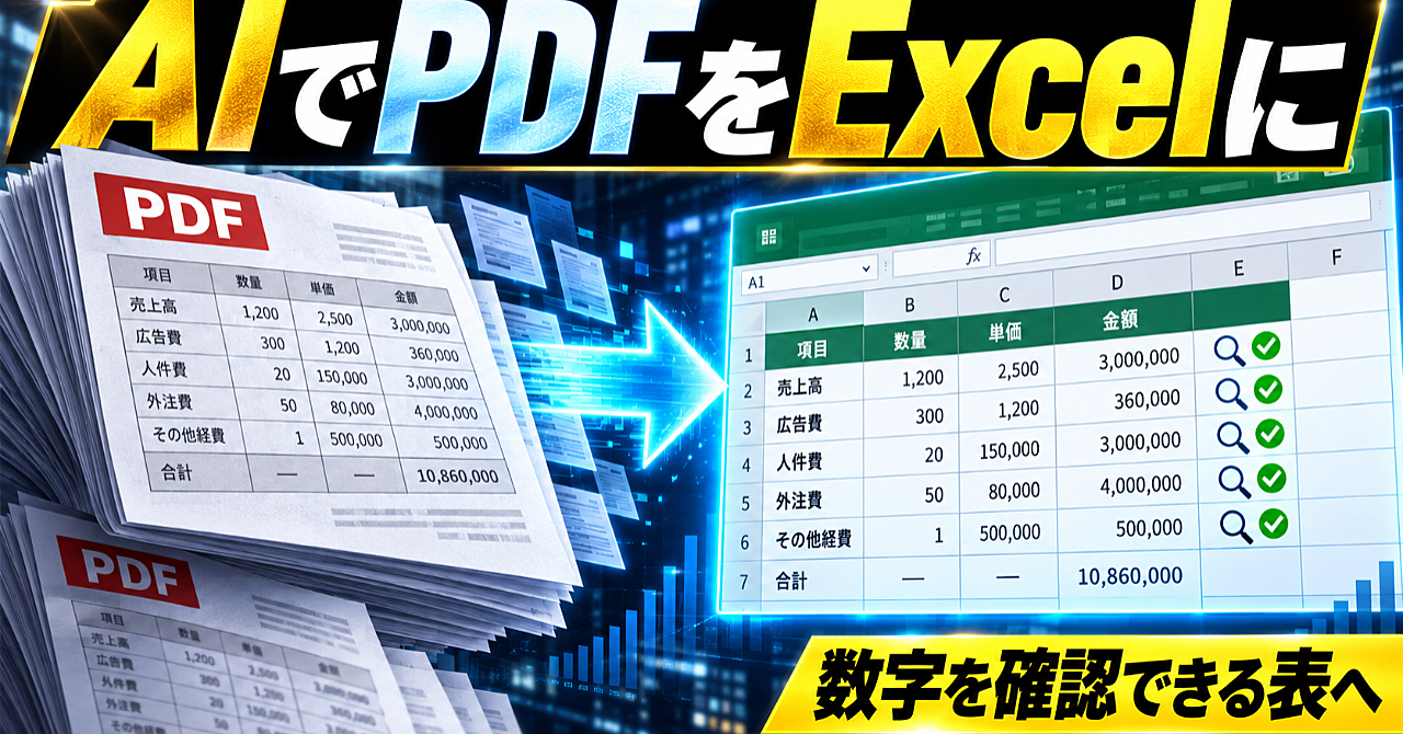 【AIでPDFの表をExcelに移す】数字の取り違えを防ぎ、集計できる一覧表にする手順のアイキャッチ画像