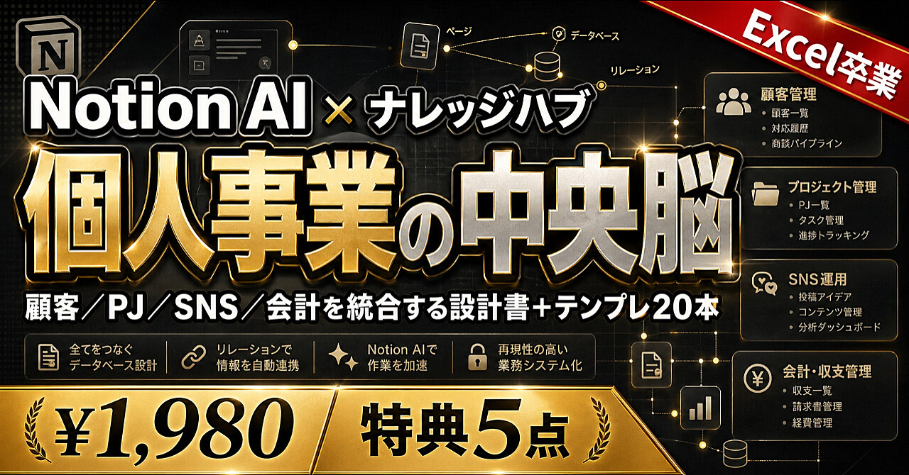 【個人事業主の中央脳】Notion AI × ナレッジハブ実装書——顧客DB／プロジェクト／SNS／会計を統合する完全設計書＋テンプレ20本