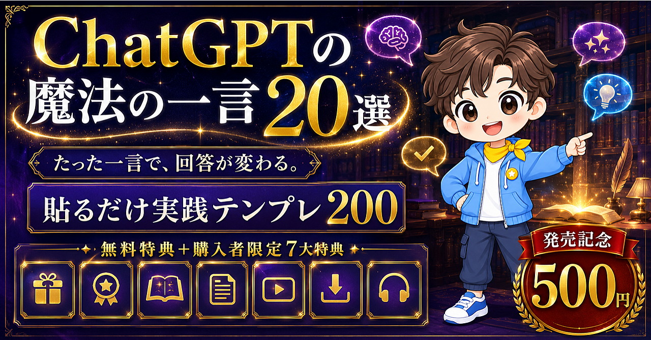 【2026年・完全刷新】ChatGPTの魔法の一言20選たった一言を足すだけで、曖昧な回答を「そのまま使える完成物」へ近づける実践版貼るだけ実践テンプレ200本＋購入者限定7大特典｜発売記念500円のアイキャッチ画像