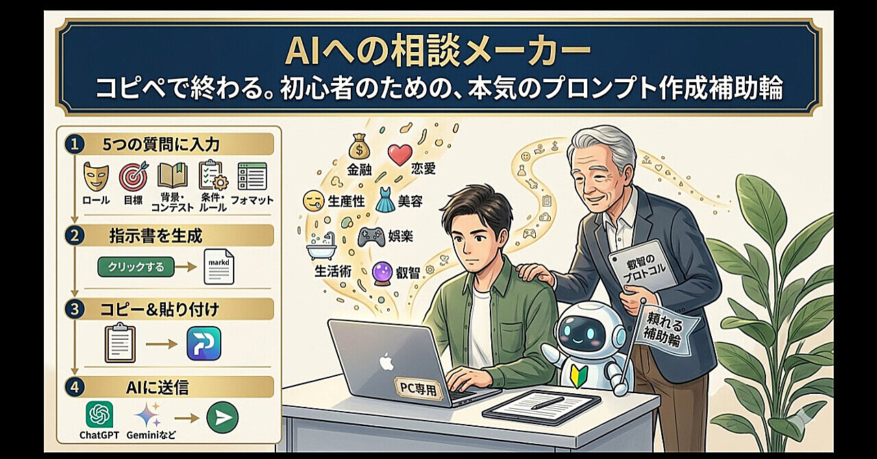 【※実質無料】AIの「何を聞けばいいかわからない」を解決する、初心者のための補助輪ツール