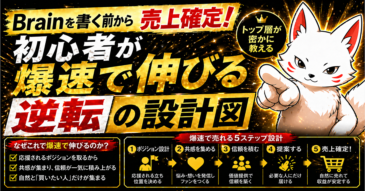 【Brainを書く前から『売上確定！』】トップ層が密かに教える『初心者が爆速で伸びる』逆転の設計図