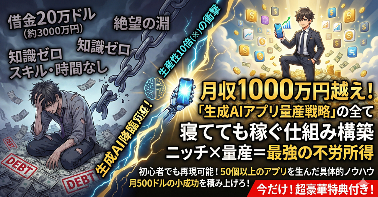 AIで人生逆転!借金20万ドルから月収1000万円越えへ。知識ゼロから始める「生成AIアプリ量産戦略」の全て