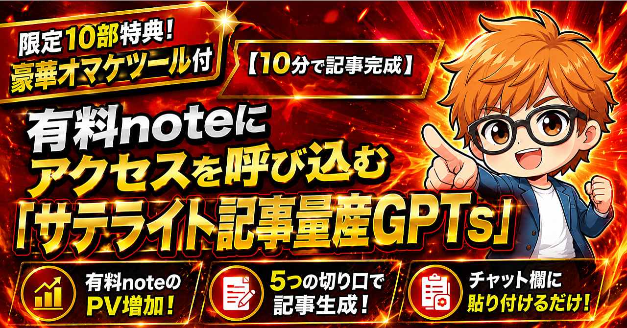 限定10部特典付き!【10分で記事完成】有料noteコピペでOK!アクセスを呼び込む「サテライト記事量産GPTs」