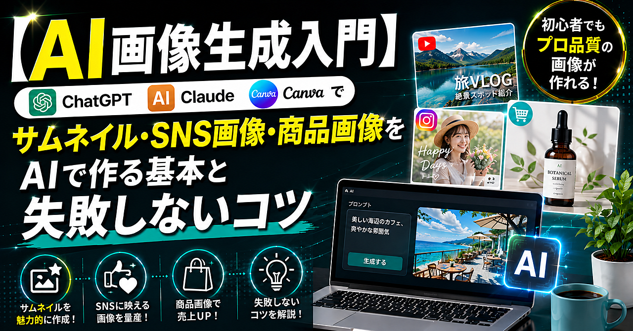 【AI画像生成入門】サムネイル・SNS画像・商品画像をAIで作る基本と失敗しないコツのアイキャッチ画像