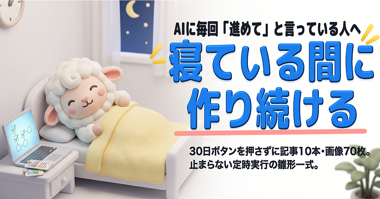 【30日ボタンを押さずに記事10本・画像70枚】寝ている間にAIが作り続ける定時実行の設計図【雛形スクリプト同梱】のアイキャッチ画像
