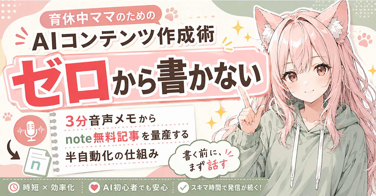 育休中ママのための「ゼロから書かない」AIコンテンツ作成術｜3分音声メモからnote無料記事を量産する半自動化の仕組み