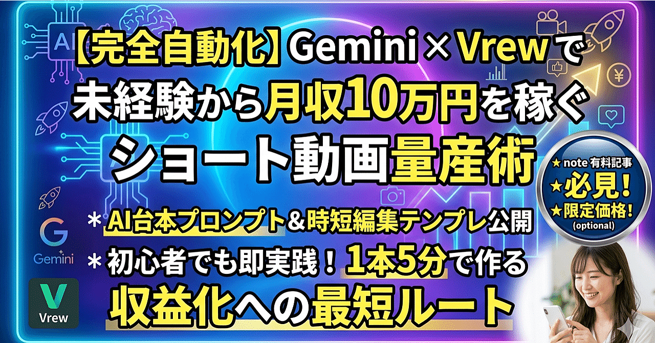 【完全自動化】Gemini×Vrewで未経験から月収10万円を稼ぐショート動画量産術：AI台本プロンプト＆時短編集テンプレ公開