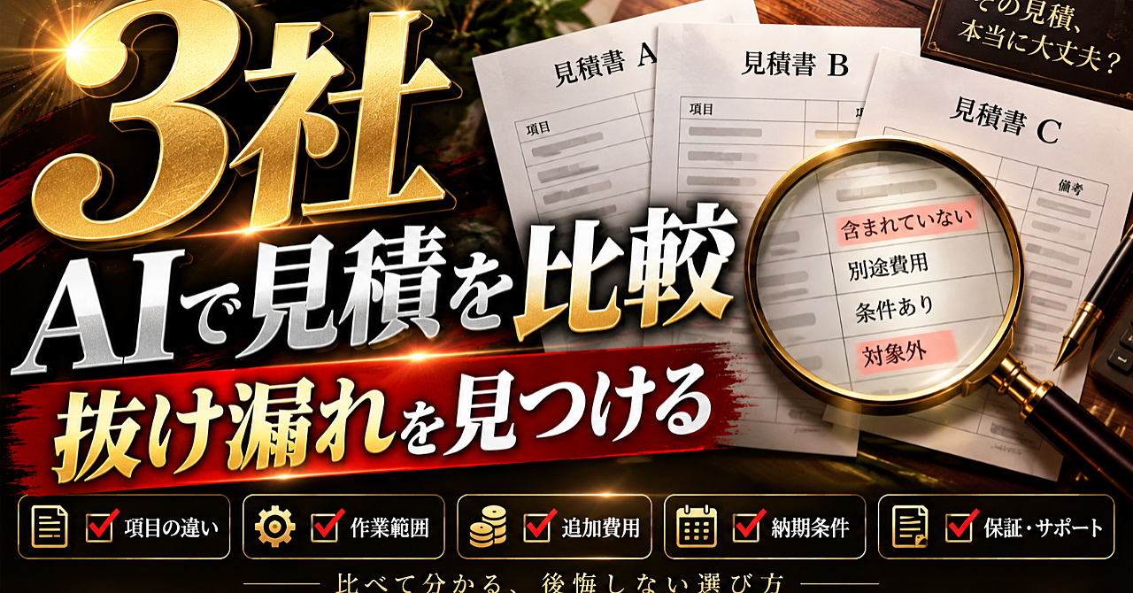 【AIで見積書を3社比較する】金額だけで決めず、抜け漏れ・追加費用・確認質問まで整理する方法のアイキャッチ画像