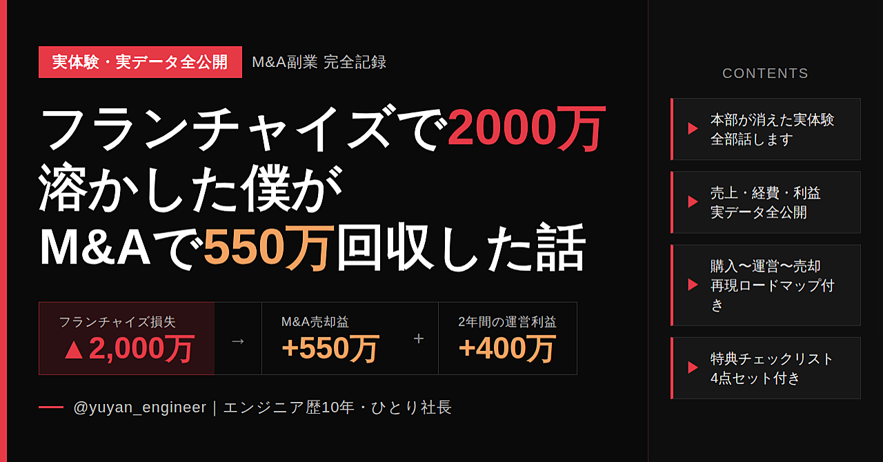 フランチャイズで2000万溶かした僕がM&Aレンタルスペースで550万回収した話