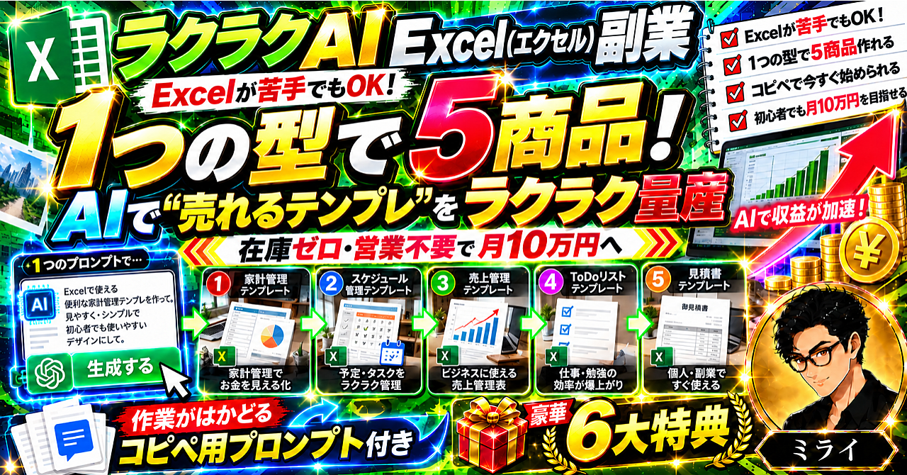 【35大特典付】ミライさんのBrain「【ラクラクAI Excel（エクセル）副業】1つの型で5商品！AIで“売れるテンプレ”をラクラク量産｜在庫ゼロ・営業不要で月10万円へ導く収益化ロードマップ」評判口コミ感想レビュー