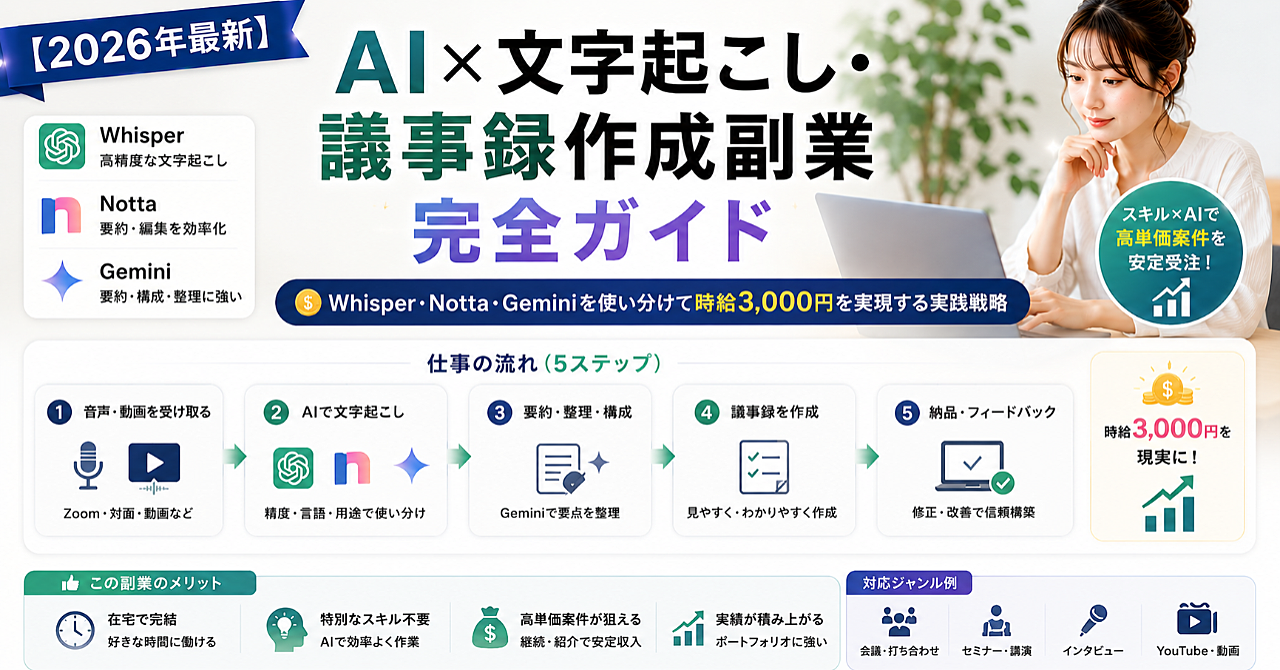 【2026年最新】AI×文字起こし・議事録作成副業完全ガイド｜Whisper・Notta・Geminiを使い分けて時給3,000円を実現する実践戦略