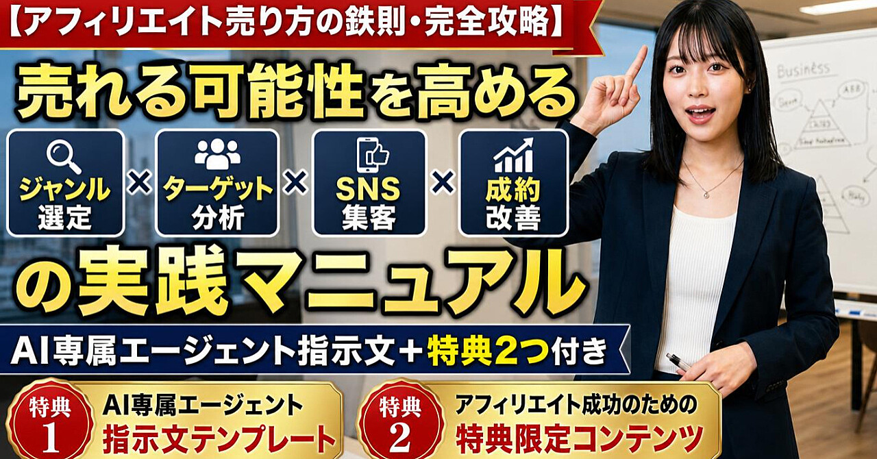 【アフィリエイト売り方の鉄則・完全攻略】売れる可能性を高めるジャンル選定・ターゲット分析・SNS集客・成約改善の実践マニュアル|AI専属エージェント指示文+特典2つ付きのアイキャッチ画像