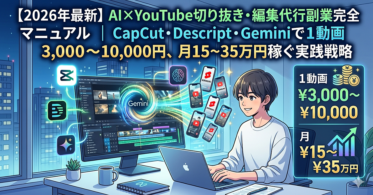 【2026年最新】AI×YouTube切り抜き・編集代行副業完全マニュアル｜CapCut・Descript・Geminiで1動画3,000〜10,000円、月15〜35万円稼ぐ実践戦略