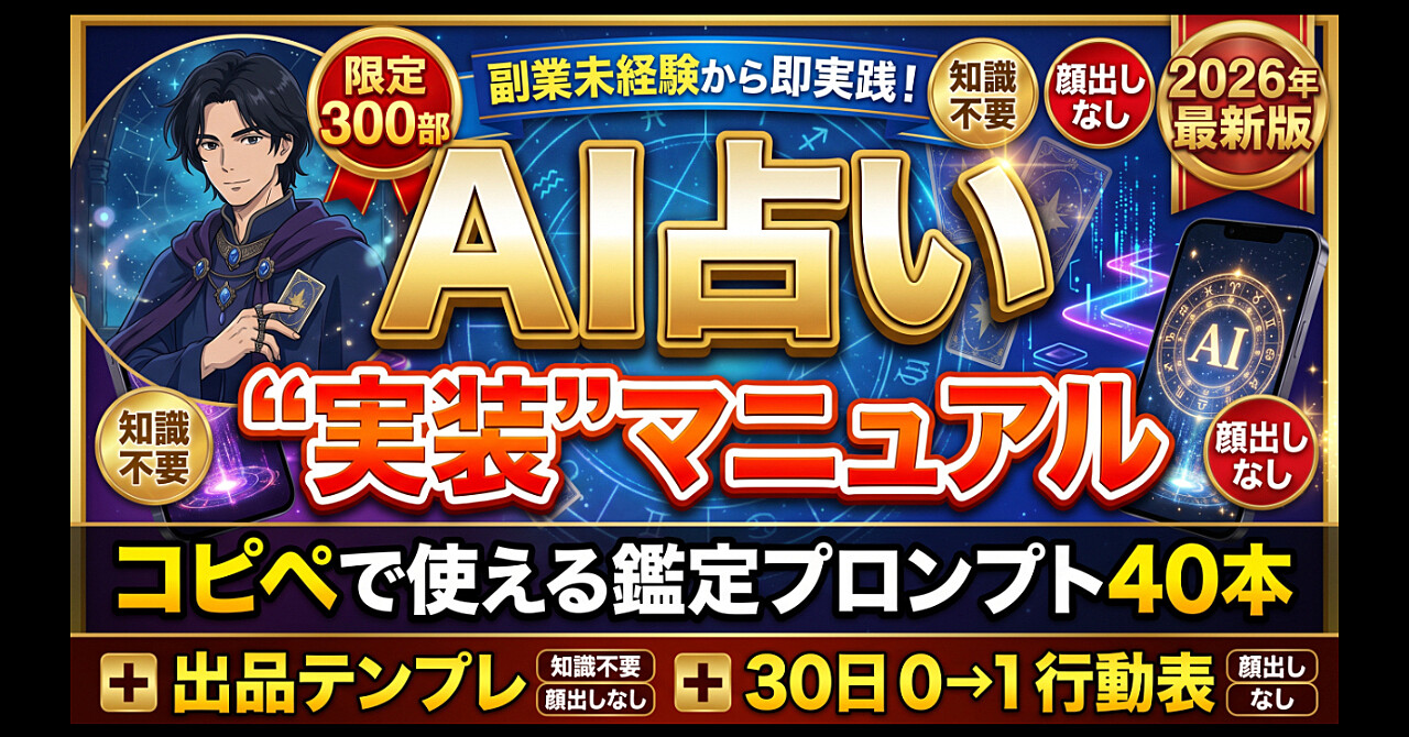 【限定300部】占い未経験でもAIで鑑定書が書ける|コピペ鑑定プロンプト40本+ココナラ出品テンプレ+30日0→1行動表【2026年最新版】のアイキャッチ画像