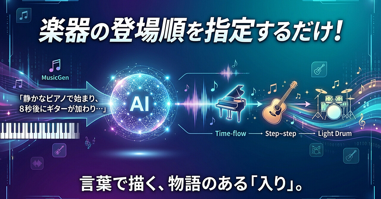MusicGenで曲の「入り」が劇的に変わる ― テキストプロンプトに『楽器の登場順』を書く、たった一つのワンポイントのアイキャッチ画像
