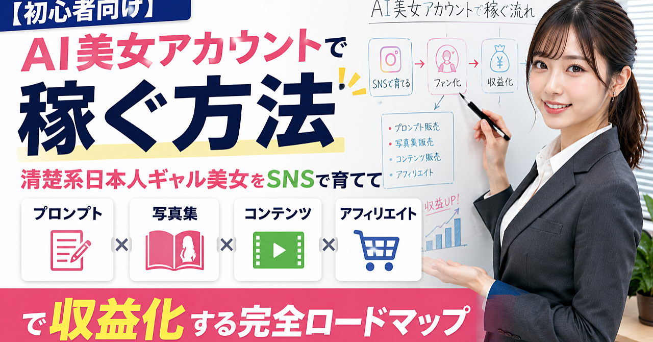 【初心者向け】AI美女アカウントで稼ぐ方法｜清楚系日本人ギャル美女をSNSで育てて「プロンプト・写真集・コンテンツ・アフィリエイト」で収益化する完全ロードマップのアイキャッチ画像
