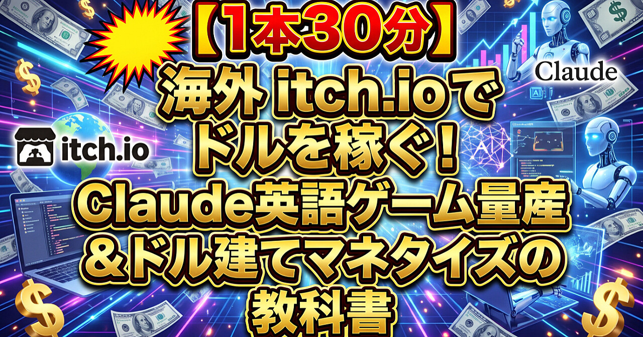【1本30分】海外 itch.io でドルを稼ぐ!Claude英語ゲーム量産&ドル建てマネタイズの教科書のアイキャッチ画像