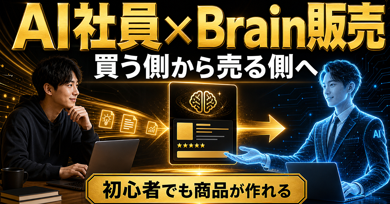 AI社員×Brain販売|ノウハウコレクターの副業初心者が“買う側”から“売る側”に変わる商品作成マニュアルのアイキャッチ画像