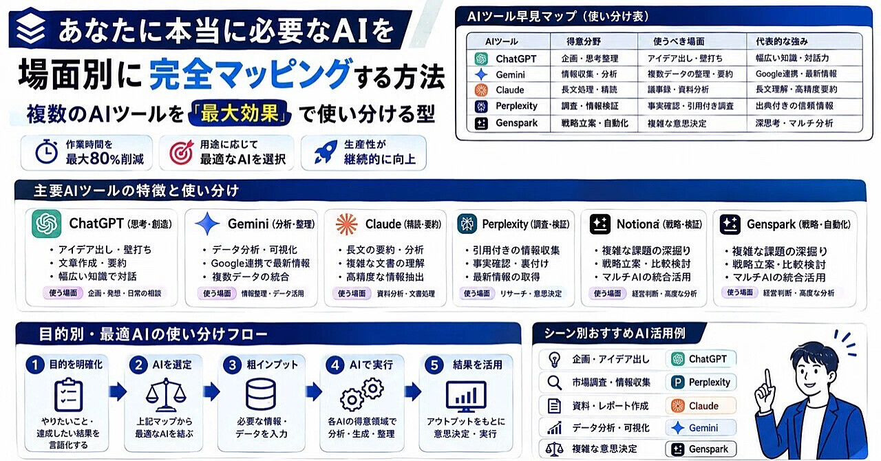 「あなたに本当に必要なAI」を場面別に完全マッピングする方法複数のAIツールを「最大効果」で使い分ける型のアイキャッチ画像