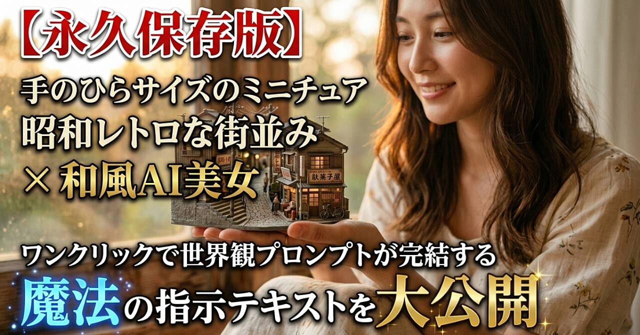 【永久保存版】手のひらミニチュア昭和レトロ街 × 日本人AI美女。1クリックで世界観プロンプトが完成する魔法の指示文を公開