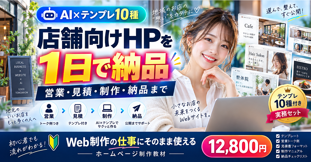 店舗向けHPを1日で納品する教科書|AI×業種別テンプレ10種|営業・見積・納品まで完全セットのアイキャッチ画像