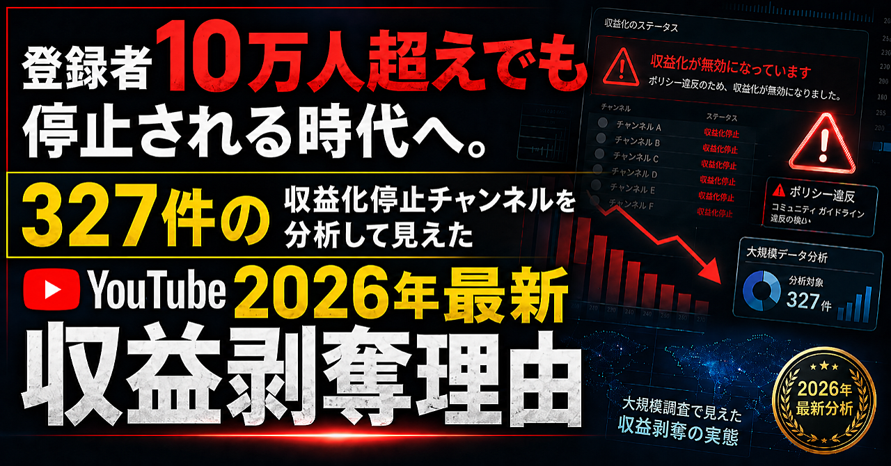 登録者10万人超えでも停止される時代へ。327件の収益化停止チャンネルを分析して見えたYouTube2026年最新収益剥奪理由