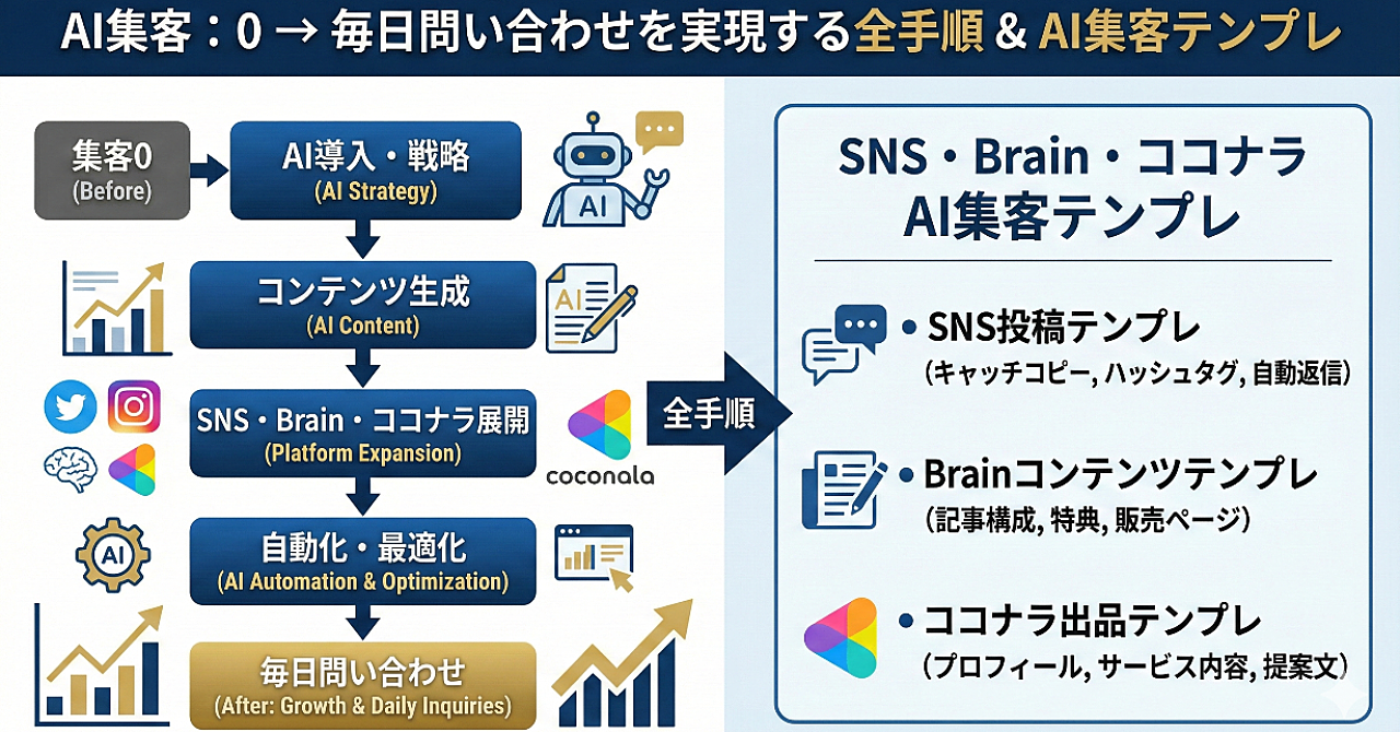 AIを活用した集客導線の作り方
〜SNS・brain・ココナラで実践した具体プロセスとAIテンプレ付き〜

