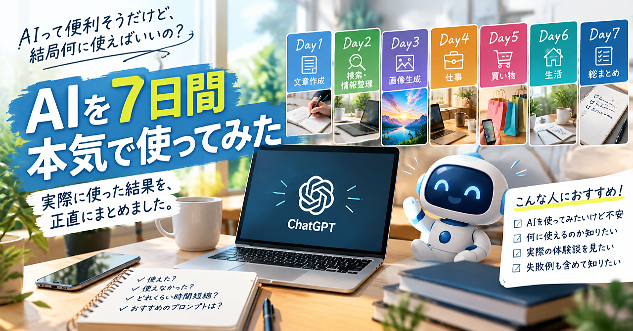 AI初心者のための「7日間AI生活実験」|毎日1つ試すだけで、AIの使い道が見つかる実践テンプレのアイキャッチ画像