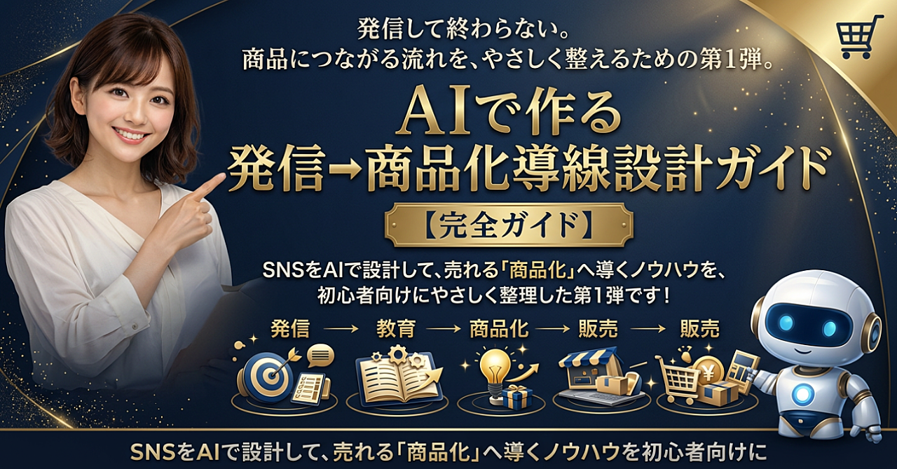 AIで作る 発信→商品化導線設計ガイド【初心者向け】

発信して終わらない。
商品につながる流れを、やさしく整えるための第1弾