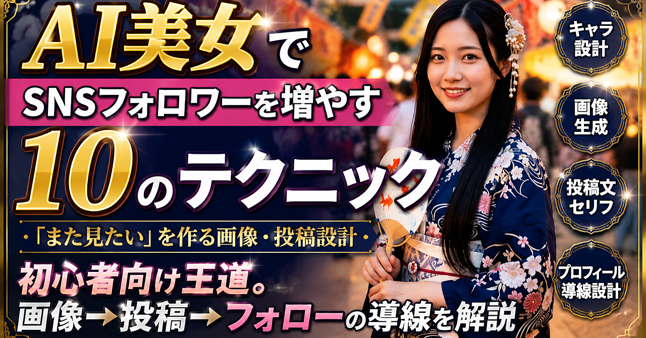 AI美女でSNSフォロワーを増やす10のテクニック｜「また見たい」を作る画像・投稿設計 初心者向け王道。画像→投稿→フォローの導線を解説のアイキャッチ画像