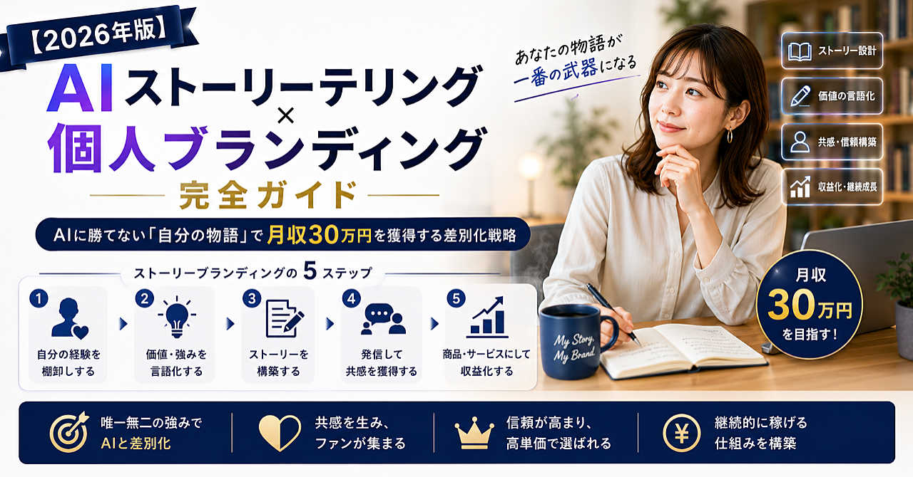 【2026年版】AIストーリーテリング×個人ブランディング完全ガイド｜AIに勝てない「自分の物語」で月収30万円を獲得する差別化戦略