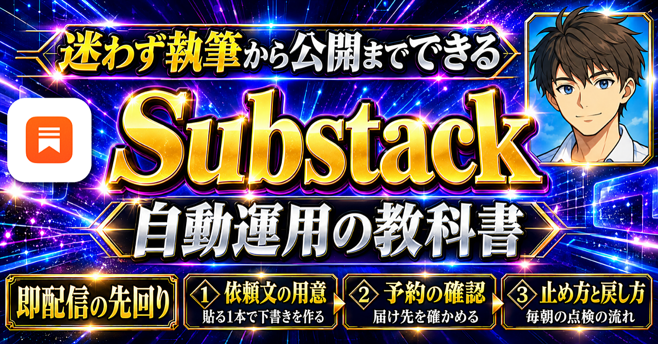 Substack運用を自動化したい人のための【AIツール×Substack自動運用の教科書】 | 執筆から配信までを自動化する完全ロードマップのアイキャッチ画像