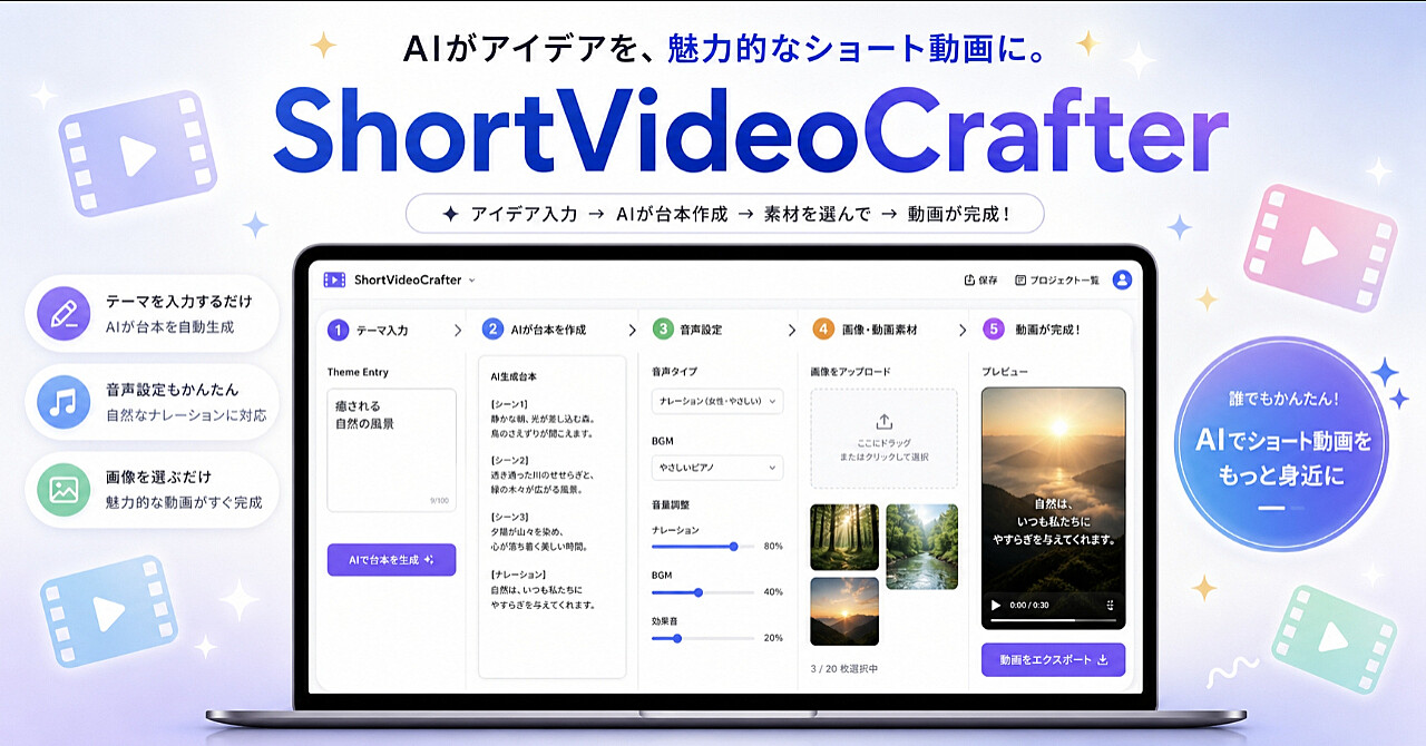 【実作業は数分：ショート動画生成ツール】テーマを入れるだけ。AIが「台本」から「ショート動画」までツール間移動ゼロで生成する極振ツール『ShortVideoCrafter』＋超特大特典