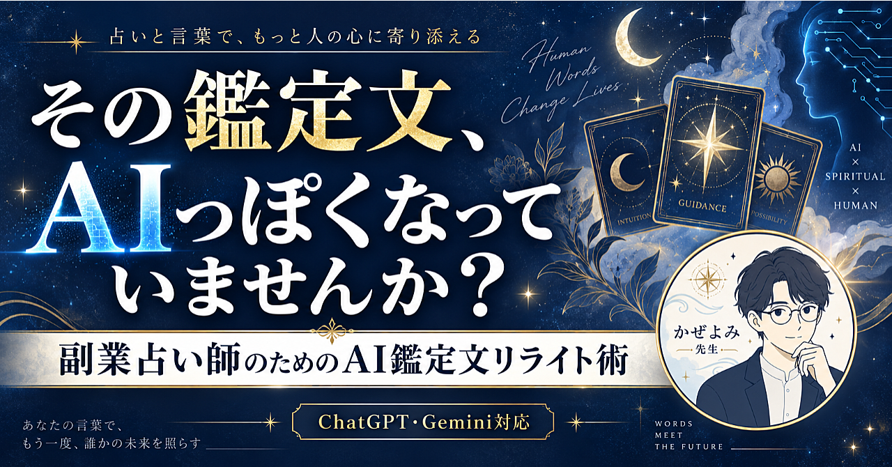 その鑑定文、AIっぽくなっていませんか?― 副業占い師のためのAI鑑定文リライト術 ―ChatGPT・Geminiなど、出力文章対応のアイキャッチ画像