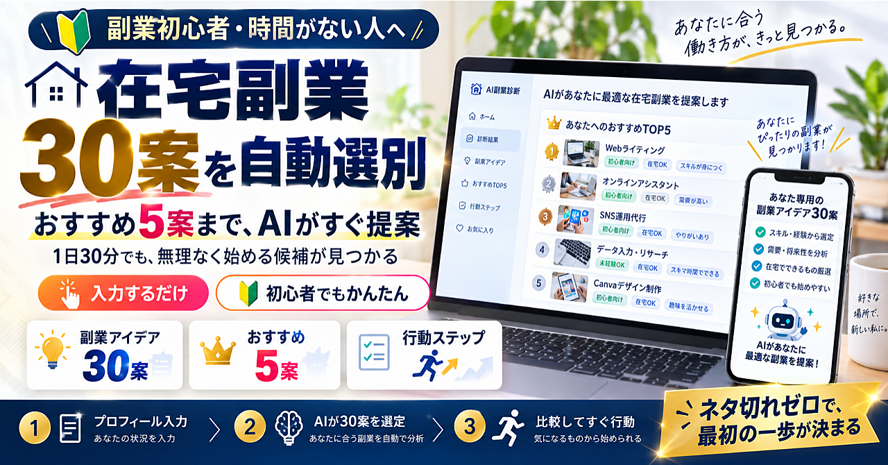【1日30分限定】初心者のための「現実的な在宅副業」自動選別プロンプト|あなた専用のアイデア30案とおすすめ5案をAIが即座に提案のアイキャッチ画像