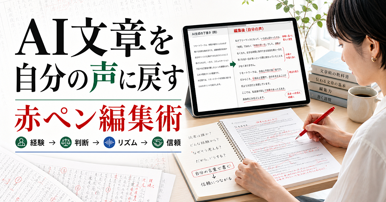 AI文章を「自分の声」に戻す赤ペン編集術｜ChatGPTの下書きを、読まれ、信頼され、仕事につながる文章へ変える