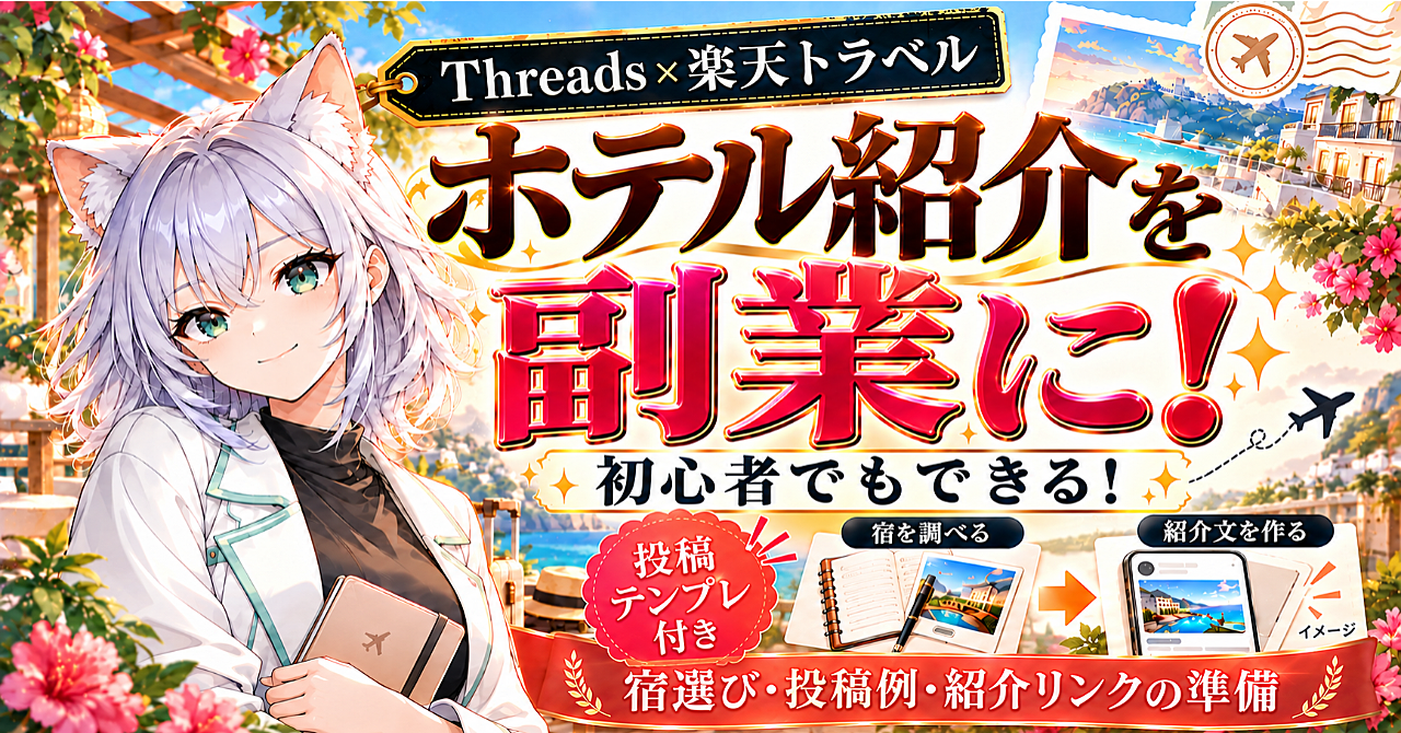ホテル紹介を副業に!初心者から始めるThreads×楽天トラベル【投稿テンプレ付き】のアイキャッチ画像