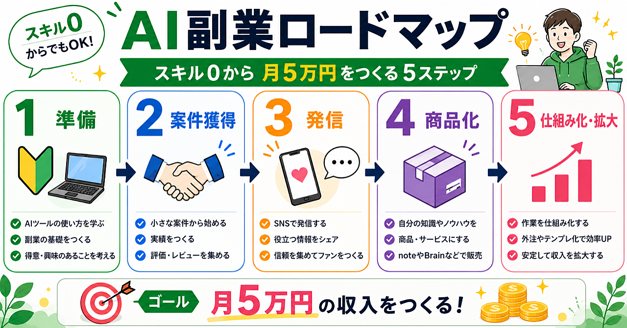 【AI副業ロードマップ】スキル0から月5万円を作る現実的な始め方｜案件・発信・商品化の全体像