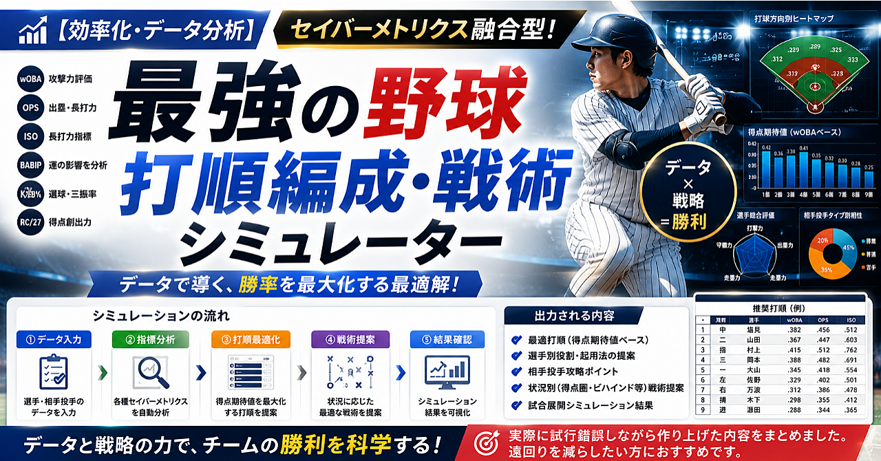 【効率化・データ分析】セイバーメトリクス融合型！「最強の野球打順編成・戦術シミュレーター」プロンプト