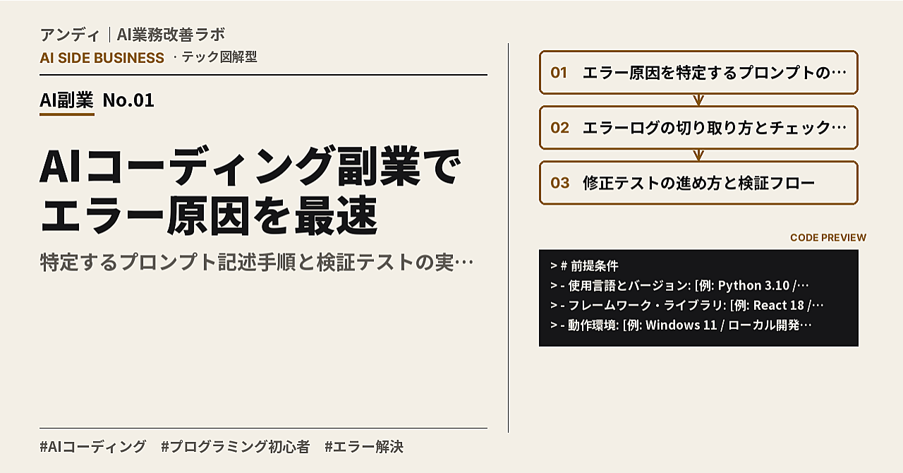 AIコーディング副業でエラー原因を最速で特定するプロンプト記述手順と検証テストの実装マニュアルのアイキャッチ画像