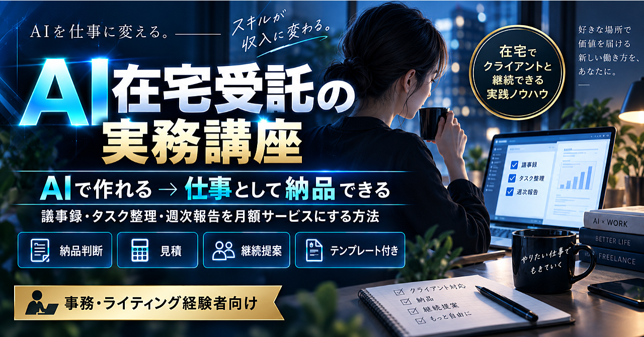 AI在宅受託の実務講座|議事録・タスク整理・週次報告を月額サービスにする方法のアイキャッチ画像