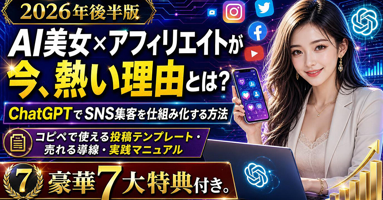 【2026年後半版】AI美女×アフィリエイトが今、熱い理由とは?ChatGPTでSNS集客を仕組み化する方法|コピペで使える投稿テンプレート・売れる導線・実践マニュアル【豪華7大特典付き】のアイキャッチ画像
