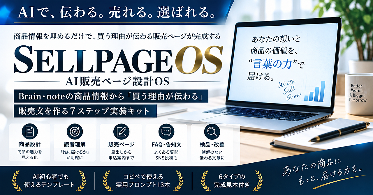 AI販売ページ設計OS|Brain・noteの商品情報から「買う理由が伝わる」販売文を作る7ステップ実装キットのアイキャッチ画像