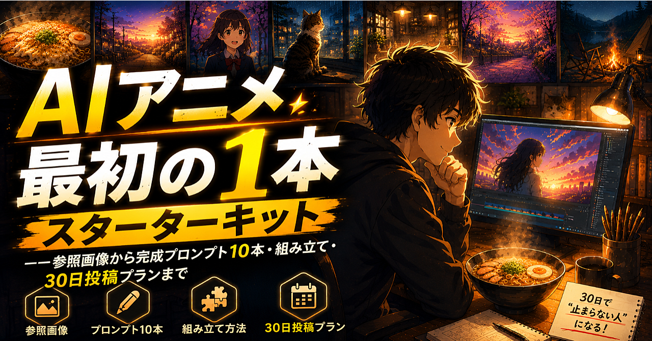 AIアニメ 最初の1本スターターキット ──参照画像から完成プロンプト10本・組み立て・30日投稿プランまで
