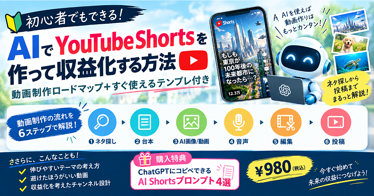 AIでYouTube Shortsを作って収益化!|初心者でもできる動画制作ロードマップ+すぐ使える台本・ネタ出しテンプレ付きのアイキャッチ画像