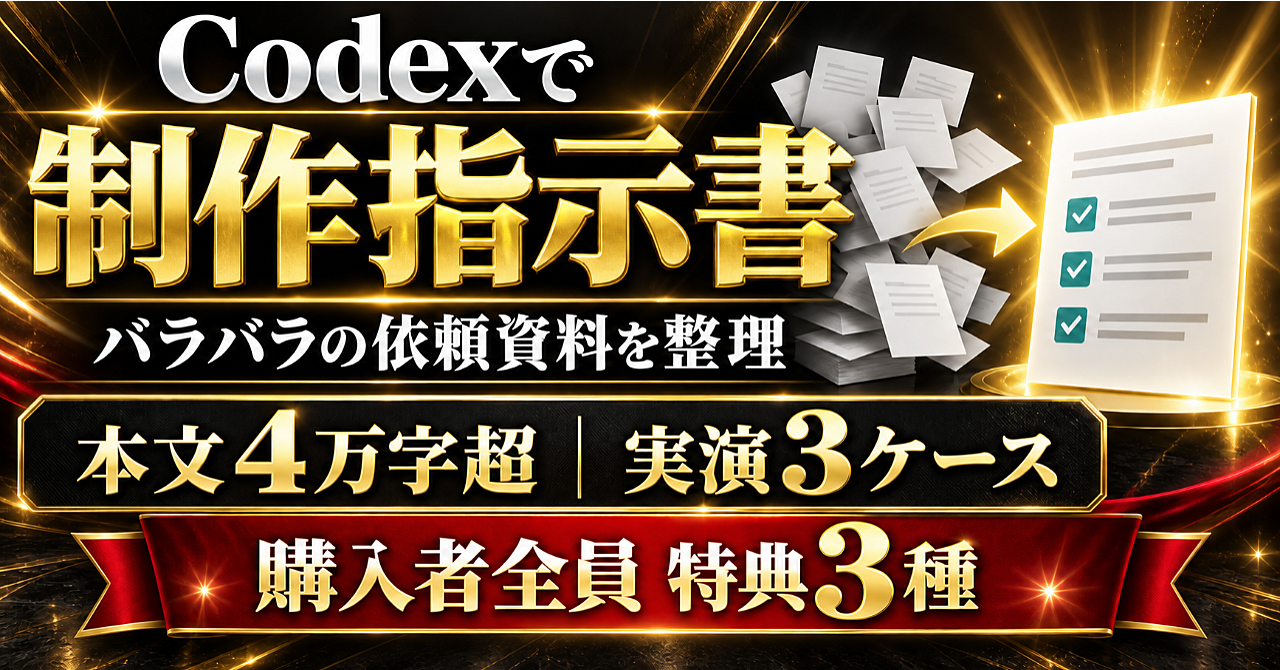 【4万字超・実演3ケース】Codexで依頼資料を制作指示書に|確認事項と変更履歴まで作る実務キットのアイキャッチ画像