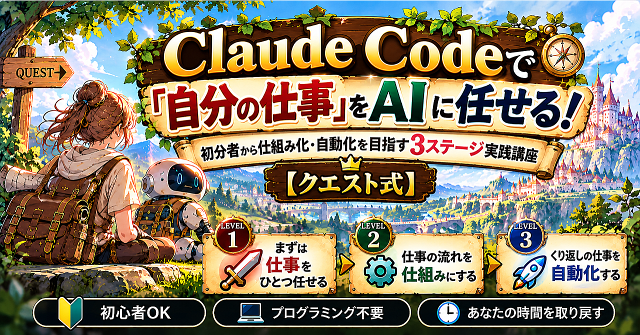 Claude Codeで「自分の仕事」をAIに任せる!初心者から仕組み化・自動化を目指す3ステージ実践講座【クエスト式】のアイキャッチ画像